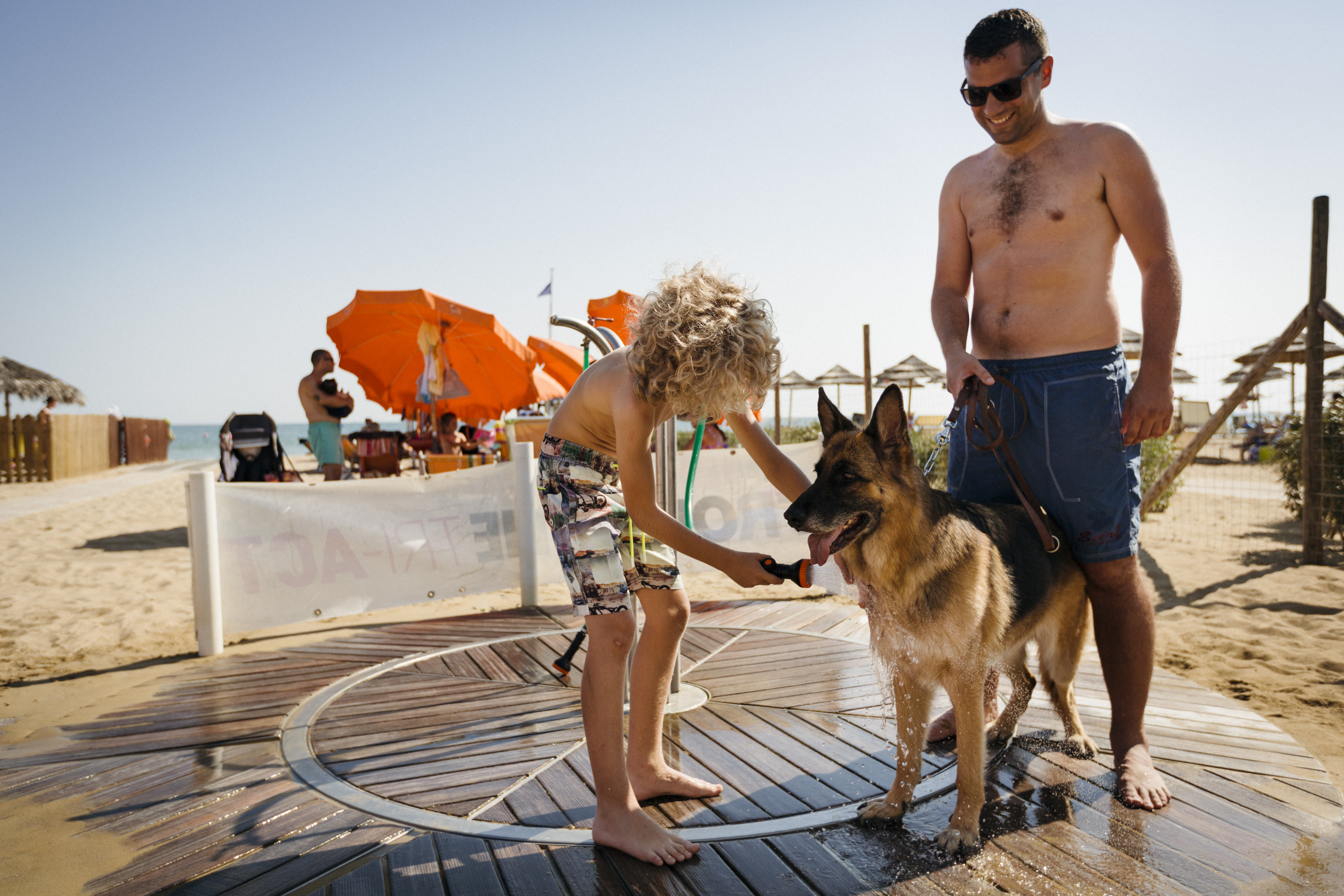 Cane che fa il bagno nella doccia della spiaggia di Pluto